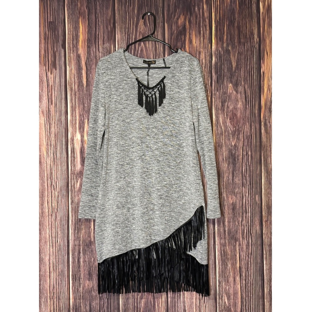 Jane & John Tunic Dress Womens L Black Gray Knit Fringe Lace Up Made in Turkey